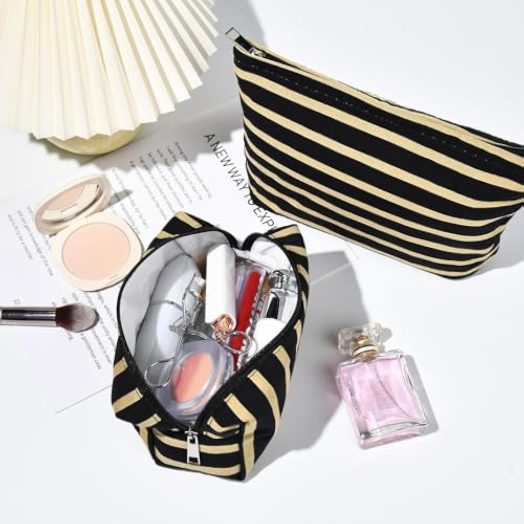 Cute Black Stripe Makeup Bag, 2 Pieces Cosmetic Bag Set